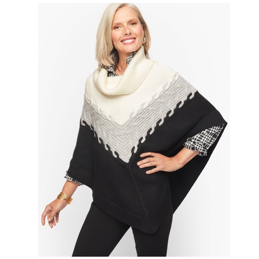 Talbots Colorblock Cable‎ Knit Turtleneck Poncho Black White Gray Large Chevron - Picture 2 of 5
